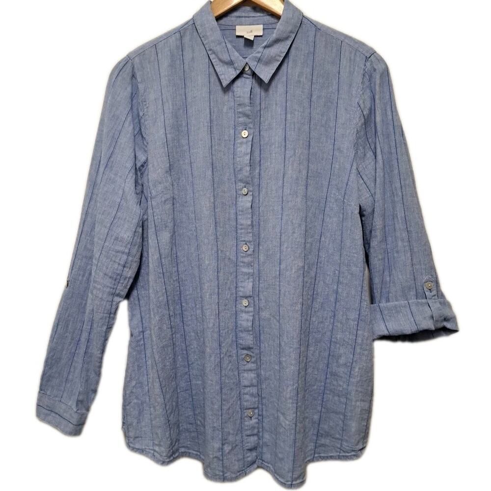 J Jill Button Up Shirt Womens Large Tall LT Blue Linen Cotton Roll Tab Coastal